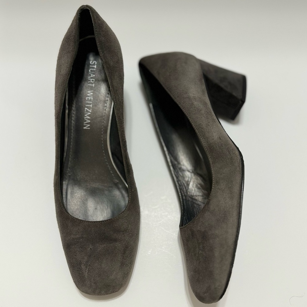 Stuart Weitzman Gray Marymid Suede Block Heel Pumps EUC